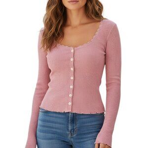 Vylette Top  Women's   Size XS  Pink  Lace Trim Ribbed # 296